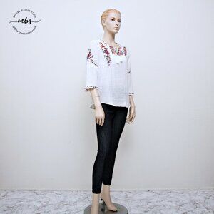 Beachlunchlounge Embroidered‎ Floral Boho Tassel Neck Tie Cotton Blouse